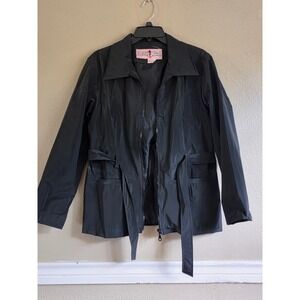 Pacific Girl Black Belted Windbreaker Jacket Zip Up Detachable Hood Womens Med